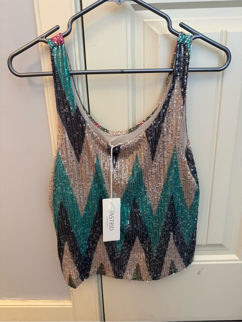 Astrid Teal/brown/tan Chevron Sequin Tank Top - Women